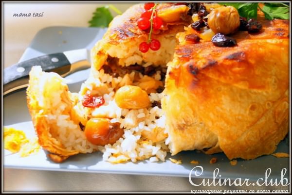 Плов в лаваше, с курятиной, каштанами и сухофруктами. Упрощённый вариант.