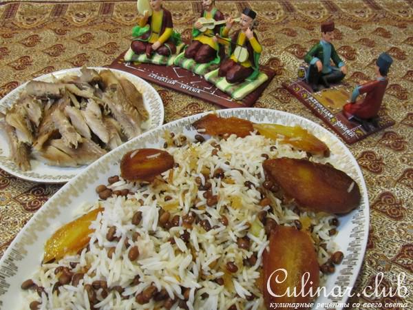 Плов с фасолью и копченой рыбой (Lobyal plov balqla)