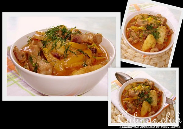 Мясо с яблоками в винном соусе