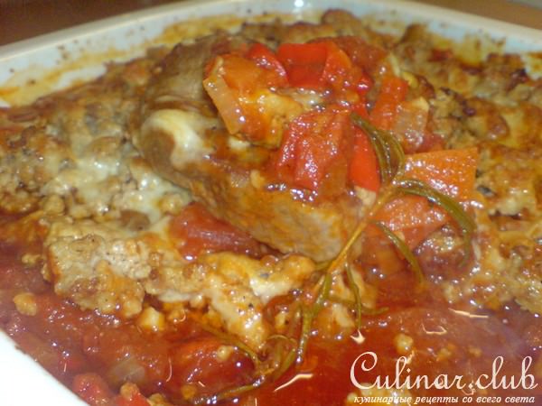 Шницель запечённый с овощами alla bolognese….. 