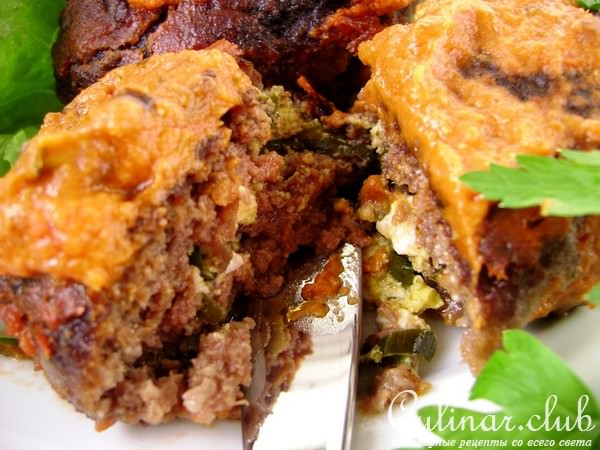 Зразы мясо-баклажановые в пикантном ореховом соусе.