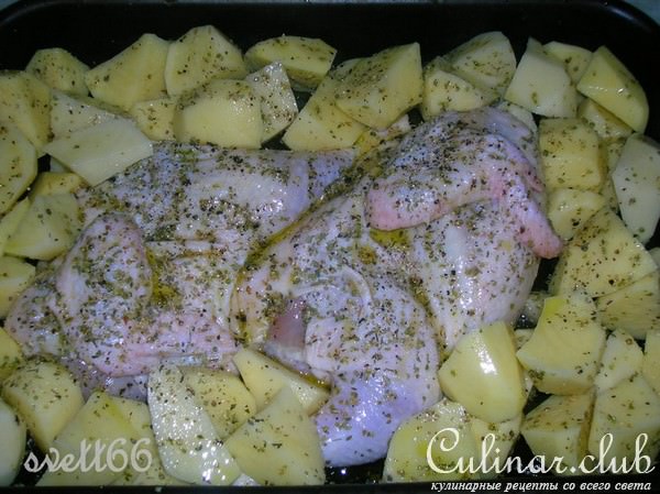 Цыпленок с картофелем запеченный с лимонным соком и орегано в оливковом масле ( Критская кухня)