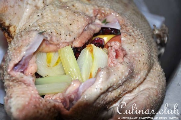 Гусь, водоплавающий в рассоле, запеченный с вкусной начинкой