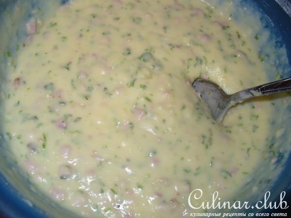 Картофельные оладушки с ветчиной,жареным луком и зеленью