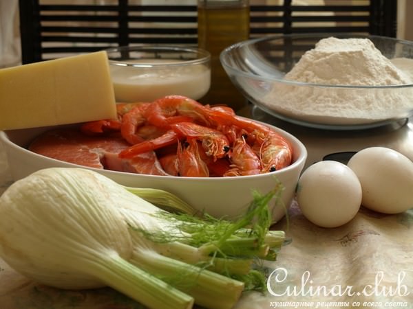 Киш с форелью, креветками и фенхелем