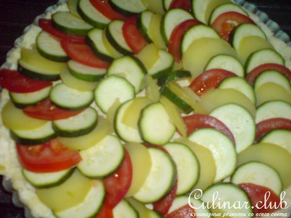 Открытый пирог с помидорами, картофелем и цуккини