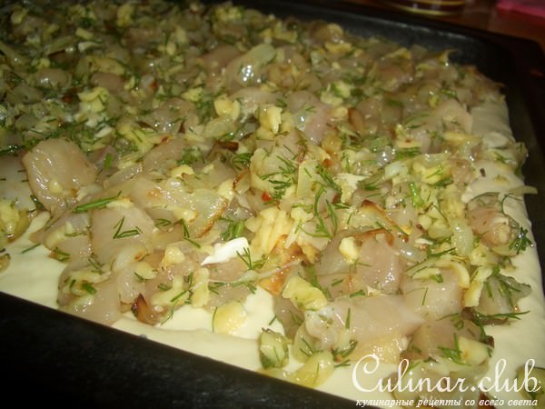 Открытый пирог с куриным филе,сыром и укропом