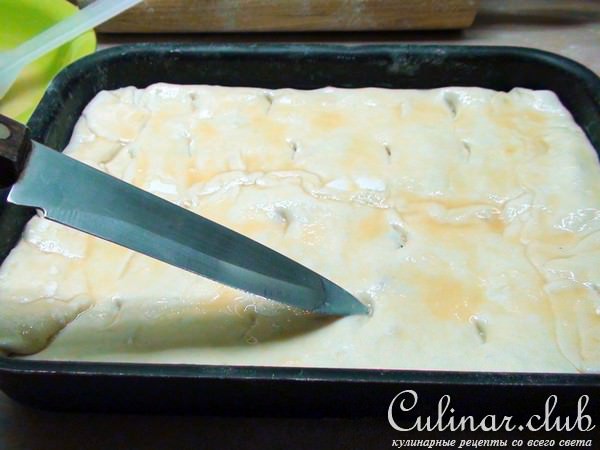 Пирог с рыбой, рисом и жареным луком.