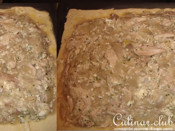 пирог из слоёного теста с курицей луком и сыром