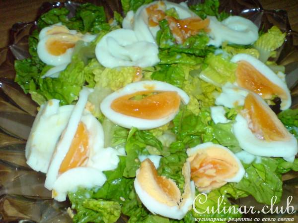 Салат зелёный с варёными яйцами и соусом из тунца