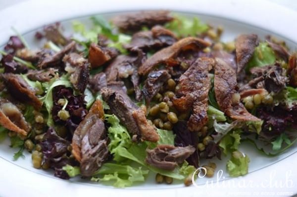 Салат с хрустящей уткой, фасолью Маш и овощами. 