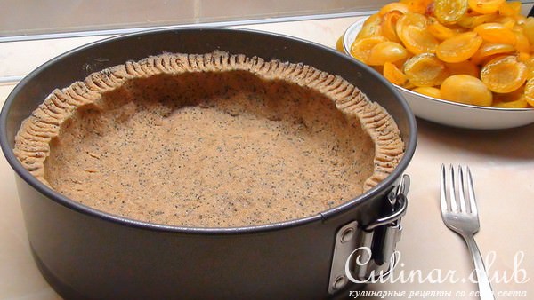 Пирог со сливой, под творожной крошкой, на корже из гречневой муки с маком. 