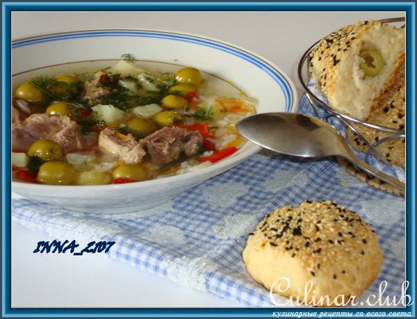 Суп со свининой и оливками ( неправильный,а может быть и правильный)