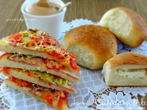Пышки с творогом и колбасная пицца с овощами